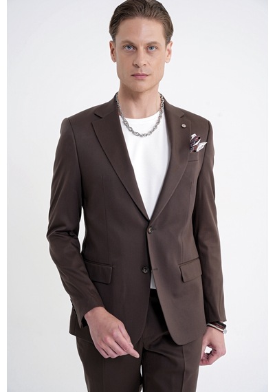 Efor Slim Fit Mono Yaka %97 Tencel Kumaş Çift Yırtmaç Esnek Kahverengi Takım Elbise Tk 941