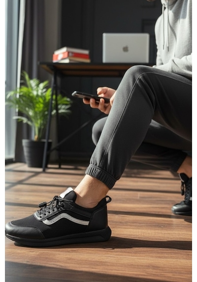Enoch Erkek Günlük Spor Ayakkabı Klasik Dalga Şeritli Sneaker Rahat Kalıp Yürüyüş Modeli Siyah