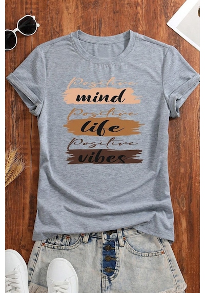 Uyguntarz Unisex Mind Life Vibes Baskılı Oversize Tshirt Gri