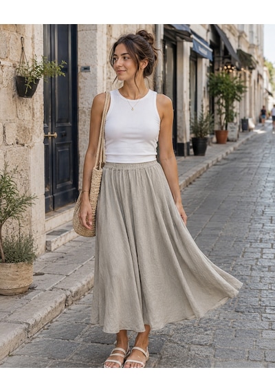 Eren Style İtalyan Beli Lastikli Kloş Etek Bej