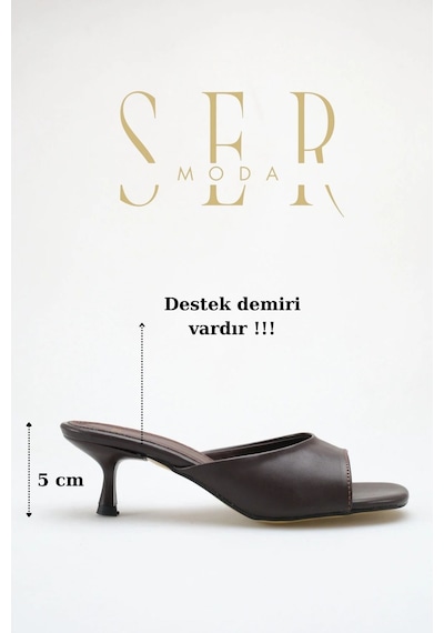 Sermoda Topuklu Kadın Terlik - 5 Cm İnce Topuklu Küt Burun Kadın Terlik Kahve