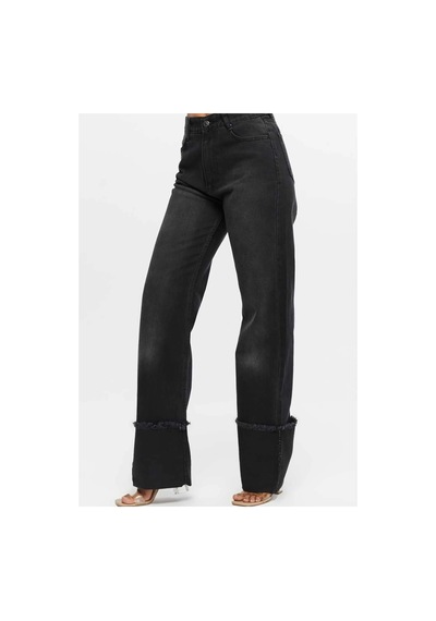Kene Jeans Yüksek Bel Siyah İşlemli Ters Paça Püskül Detaylı Kot Jeans Siyah İşlemli
