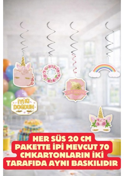 Unicorn Tavan Sarkıtı Seti 20 Cm Çift Taraflı Baskılı Doğum Günü Parti Süsü Tüm Yaşlar