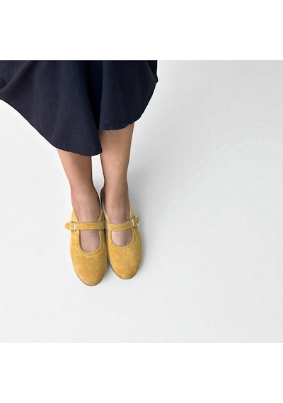 Ne&ve Shoes Hardal Süet Hakiki Deri Tokalı Kadın Babet