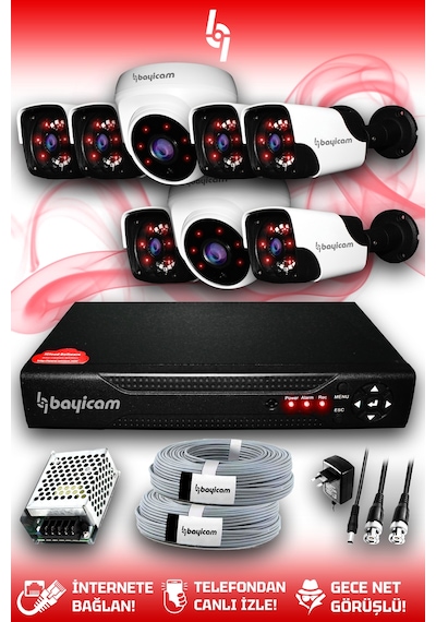 Bayicam 8 Kameralı Panda 2 İç Kamera Set HDD'siz Full HD Gece Görüşlü Güvenlik Kamerası Sistemi