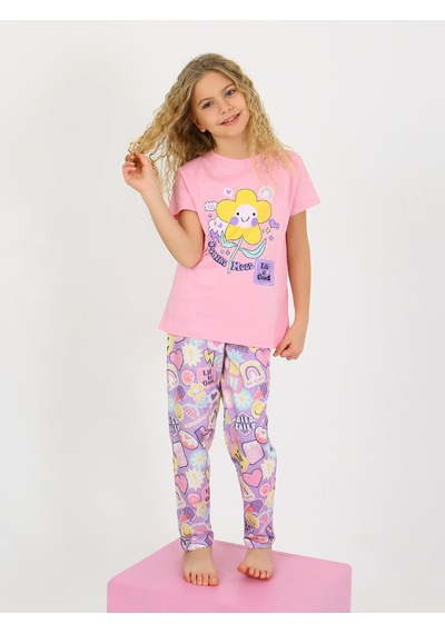 Kız Çocuk Kısa Kollu %100 Pamuklu Pijama Takımı Be Kind Koyu Pembe