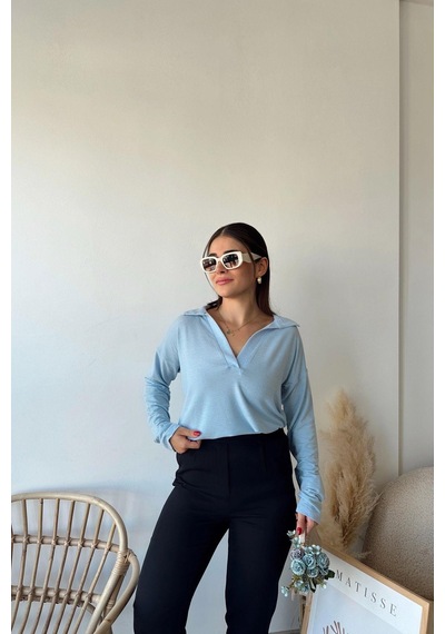 WeShaya Kadın Bebe Mavi Polo Yaka Keten Bluz, Uzun Kol, Regular Kesim, Günlük Ve Spor Sweatshirt Bebe Mavi