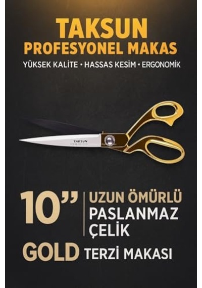Taksun Profesyonel Makas, No.1250, Paslanmaz Çelik, Karton, Kumaş Kesimi, Ergonomik, Yüksek Kalite, Uzun Ömürlü, Hassas Kesim, Terzi Makası, Gold, 10"