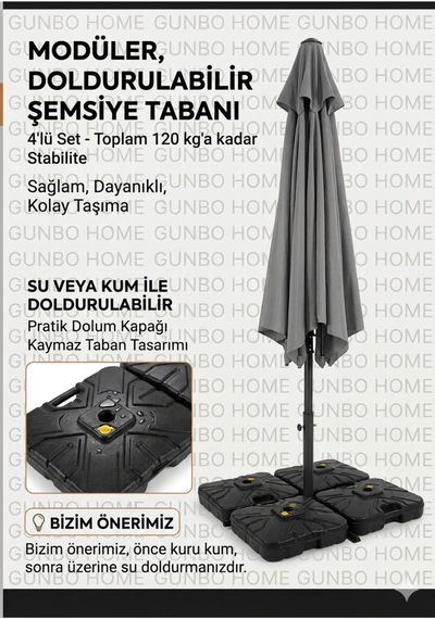 Ampul Şemsiye Ağırlık Bidonu Dörtlü Set Parasol Şemsiye Ağrılık Seti Siyah