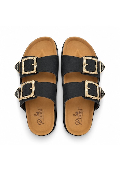 Koray Shoes Piomi Kadın Çift Tokalı Ortopedik Siyah Süet Anatomik Destekli Şık Terlik