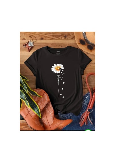 Medinenur Flower Yazı Detaylı Basic T-shirt Siyah