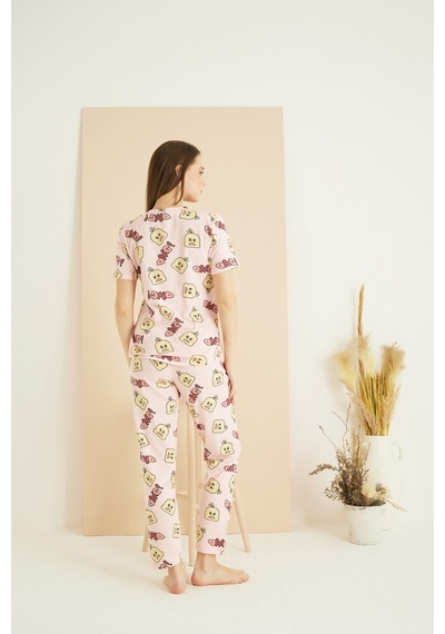 Siyah İnci Pamuklu Bisiklet Yaka Örme Pijama Takım25107155 Pembe