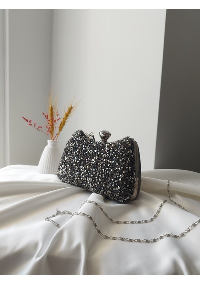Vivazzaluxe Kristal Taşlı Kadın Abiye, Clutch Çanta Antrasit