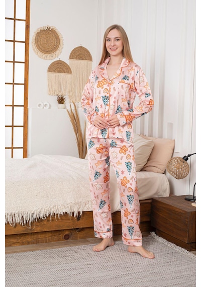 Lüks Saten Pijama Takımı Düğmeli, Cepli Ve Arabiyeli Somon