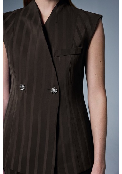 Sateen Anna Çizgili Yelek - Kahve-137068 Kahve
