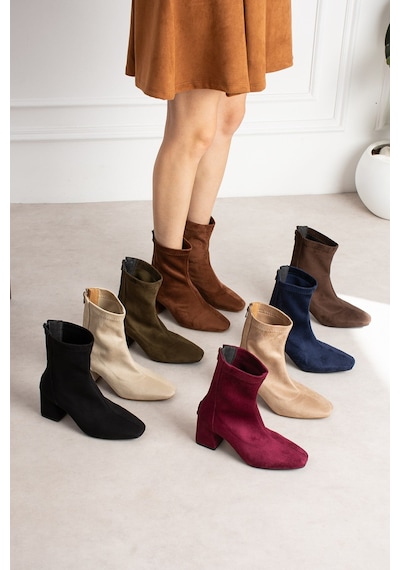 Dabab Shoes Lara Kadın Siyah Süet Streç Küt Burun Fermuarlı 6 Cm Kalın Topuklu Bot Bootie