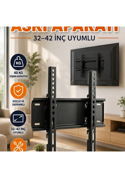 Universal Tv Duvar Askı Aparatı 32 42 İnç 40 Kg Taşıma Kapasiteli Çelik Sabitleme Sistemi