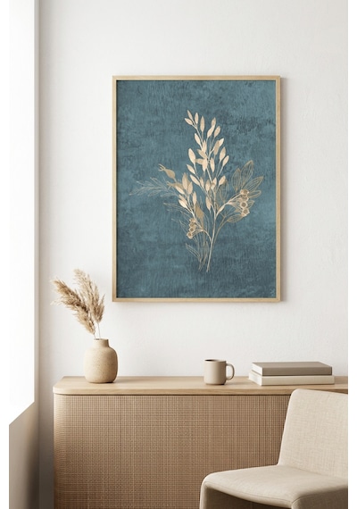 Doğal Ahşap Çerçeveli Minimal Yaprak Desenli Tablo - Mavi Huhu1089