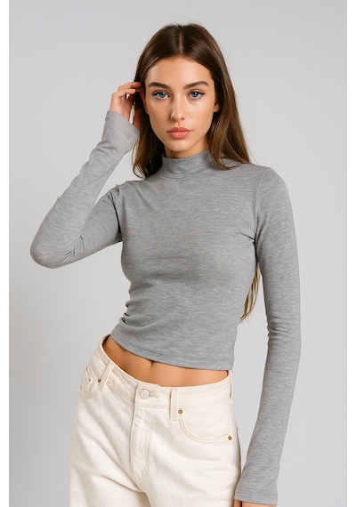 Rich Kadın Gri Melanj Yarım Balıkçı Yaka Uzun Kollu Crop Bluz Gri Melanj