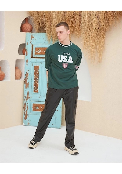 Barlashive Erkek Bisiklet Yaka Tişört Nakış İşlemeli Kısa Kol Oversize T-shirt - Yeşil Çok Renkli