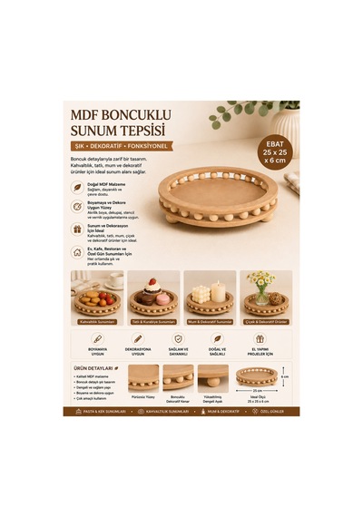 Mdf Boncuk Detaylı Yuvarlak Sunum Tepsisi 25x25x6 Cm