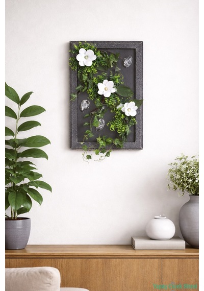 Yapay Çiçek Sitesi Ahşap Çerçeveli Yapay Çiçek Duvar Tablosu 38x60 Cm Model 9 Yeşil