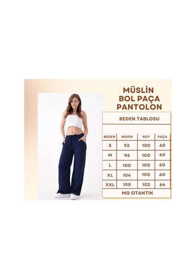 Mg Otantik Kadın %100 Pamuk Yazlık Müslin Salaş Bol Paça Pantolon Mg001 Lacivert