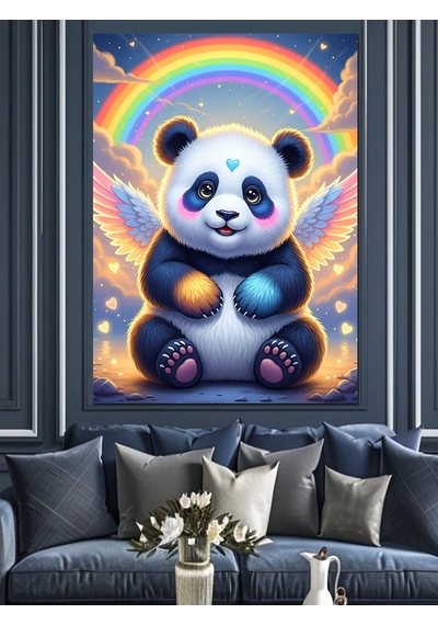 Gökkuşağı Ve Sevimli Panda Dekoratif Kanvas - Mdf Ahşap Tablo