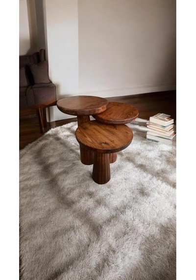 Simillo Wood Wooden Ahşap 3 Lü Set Fitilli Mantar Yan Sehpa Modern Meşe Renk Fiskos Meşe