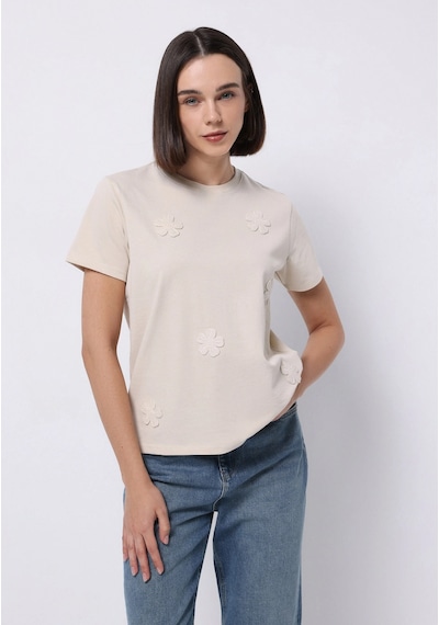Colins Regular Fit Yuvarlak Yaka Nakışlı Kadın Ekru Kısa Kol Tişört Cl1076152 Q1.v2 Ecr Ekru