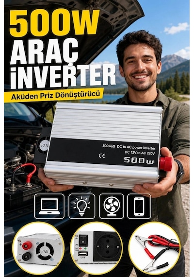 500w 12v Akü İnverteri 220v Ac Çıkışlı Usb Portlu Fanlı Güç Dönüştürücü Araç Karavan Kullanımı