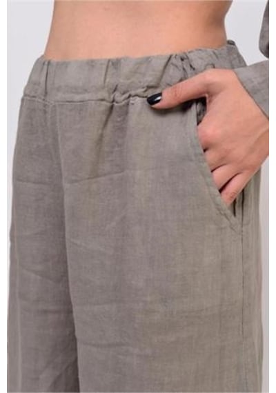 Bohem Stil İtalyan Fisto Detaylı Keten Pantolon-8748 Vizon