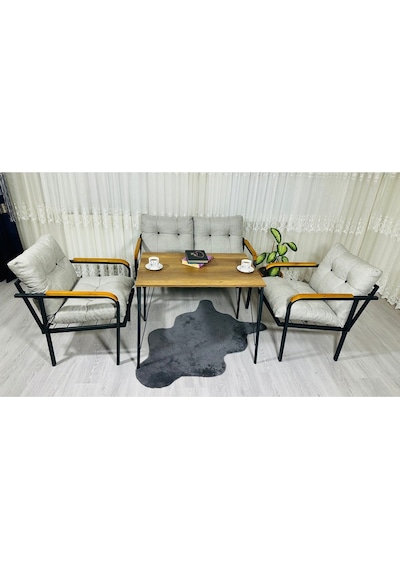 Madame Home Kadife Balkon, Bahçe,teras,cafe - Salon - Metal Kanepe Koltuk Takımı - 2+1+1 + Masa Açık Gri