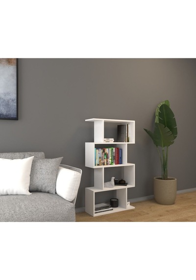 4 Raflı Kitaplık, Dekoratif Raf Zigzag Kitaplık, Beyaz Renk