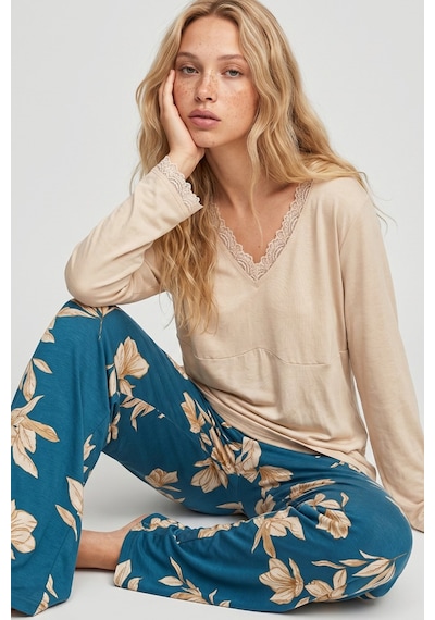 Siyah İnci Dantelli Viskon Örme Pijama Takım 8021 Ten Uzun Kol Pijama