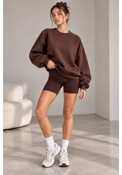 Bbbutikbasic Kadın Şardonlu 3 İplik Kısa Reglan Kol Sweatshirt My3535 Kahverengi