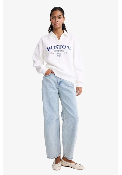 Defacto Relax Fit Polo Yaka Baskılı Kalın Sweatshirt F1064ax25auer105 Ekru