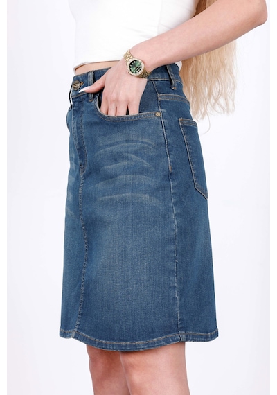 HLT Jeans Vintage Blue Kadın Regular Fit Likralı Yüksek Bel Orta Boy Denim Kot Etek Alice-4011 Mavi