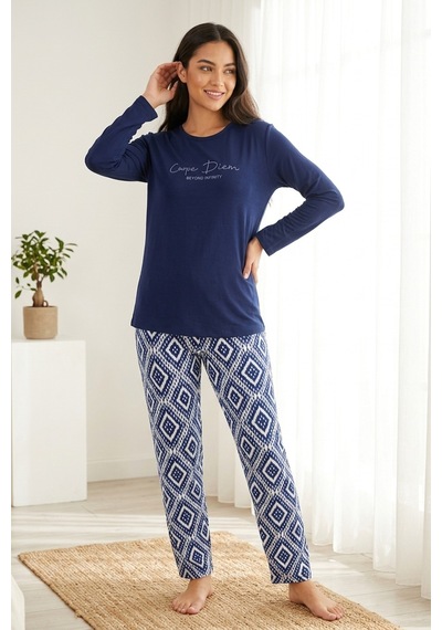 Mataş Kadın Desenli Bambu Viskon Uzun Kollu Soft Örme Mevsimlik Yumuşak Pijama Takımı Lacivert