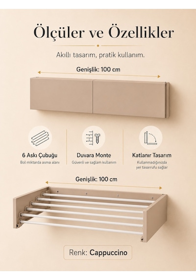Çamaşır Kurutma Askılığı Katlanır Duvara Monte Balkon Banyo Askılık Duvar Tipi Yer Tasarruflu Kurutmalık 100 Cm Belize Cappucino