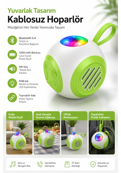 Rgb Işıklı Taşınabilir Bluetooth Hoparlör 6w Güçlü Ses, 1200 Mah Batarya, Bluetooth 5.4, Tf Kart Destekli Mini Kablosuz Hoparlör