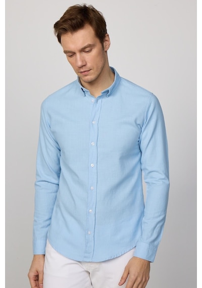 Tudors Slim Fit Uzun Kol Biyeli Yaka Düğmeli Keten Mavi Erkek Gömlek-28745-mavi Mavi