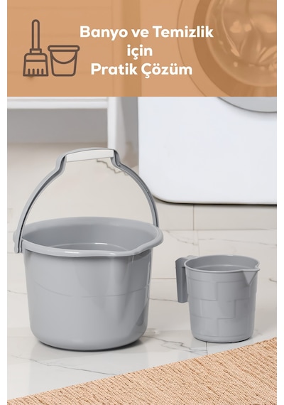 Porsima 2li Banyo Balkon Temizlik Seti 8l Kulplu Kova 1,65l Maşrapa Banyo Seti Gri Gri