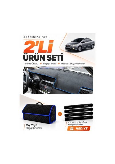 Fıat Linea 2007-2015 Uyumlu Torpido Örtüsü + Tay Tüyü Bagaj Çantası + Sticker Seti - Siyah Mavi