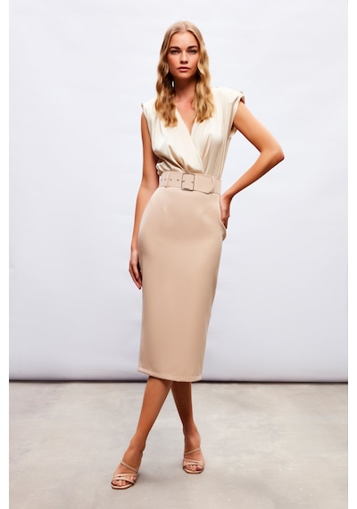 Sateen Kemerli Kalem Etek - Bej-132463 Bej