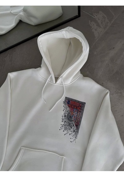 Efnaz Style Uzun Kol Kapşonlu Ön Ve Arka Baskılı Sweatshirt - Beyaz