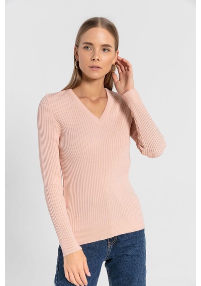 Miss Poem Kadın V Yaka Slim Fit Fitilli Uzun Kışlık Ekru Triko Kazak Pudra