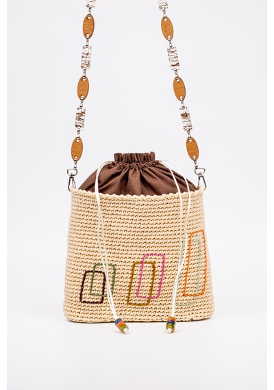 Fabric Craft Bag Örgü Omuz Çantası Metal Zincir Askılı Astarlı Boho Bej - Sütlü Kahve