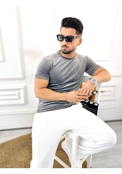 T-shirt Slim Fit Tişört Dar Kesim Kadife Tişört Füme