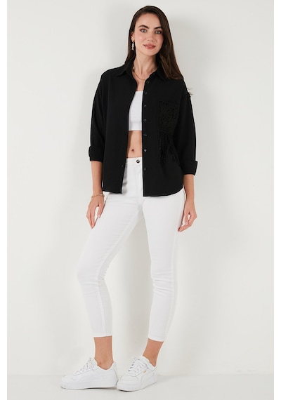 Lela Regular Fit Güpürlü Cep Detaylı Uzun Kollu Bayan Gömlek 6773215 Siyah